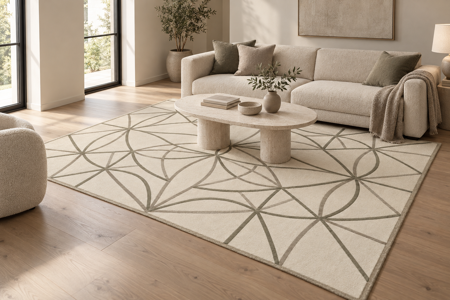 The Linear Grid rug shown in a calm contemporary living room