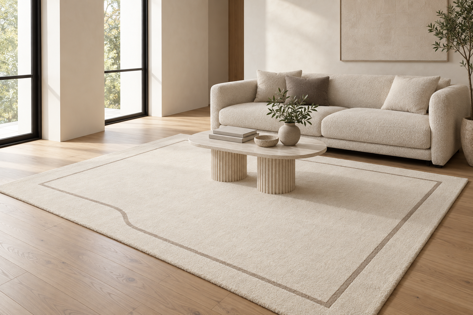 The Quiet Frame rug shown in a calm contemporary living room
