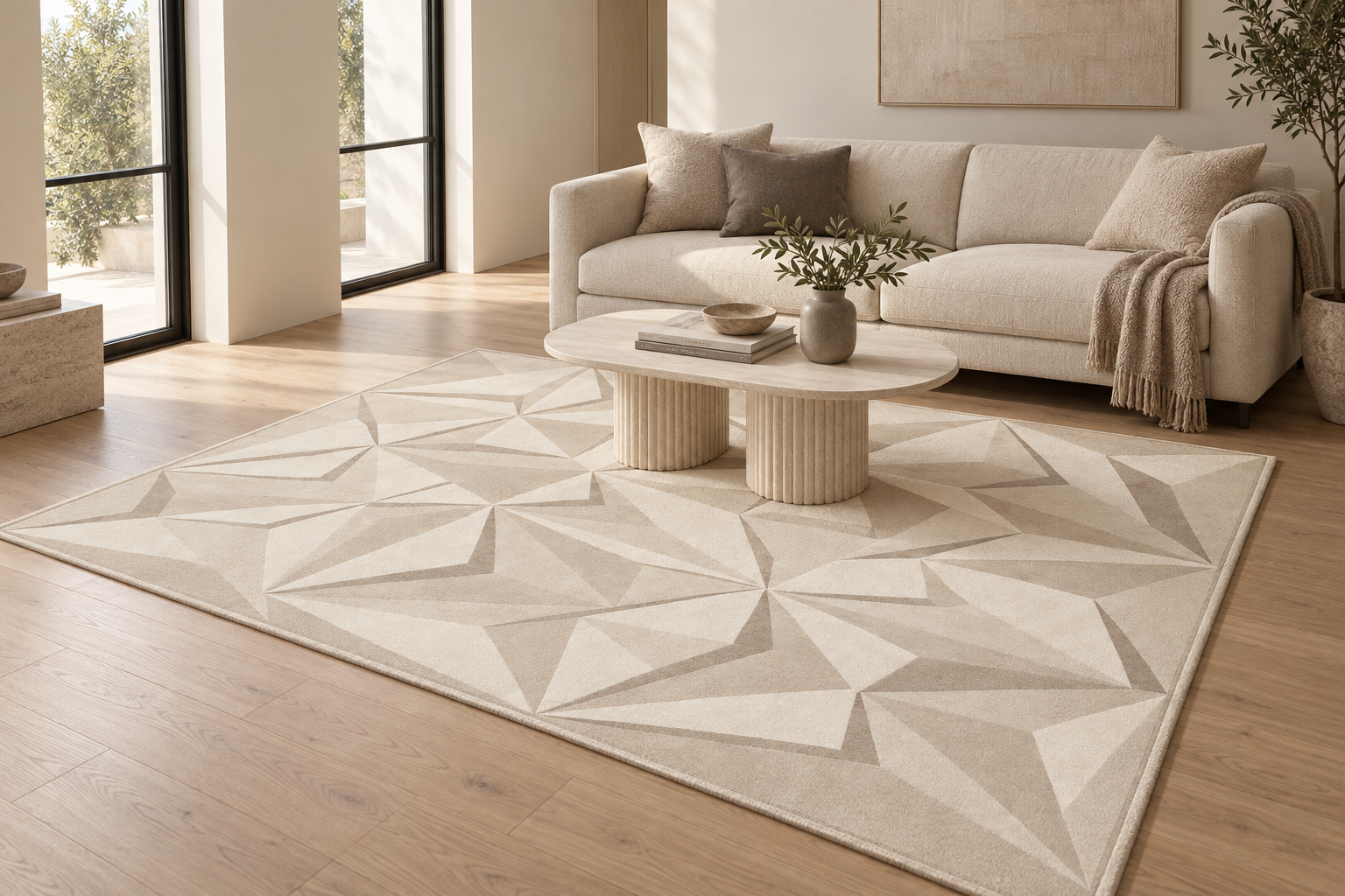 The Sculp Fold rug shown at 200 × 300 cm in a calm contemporary living room