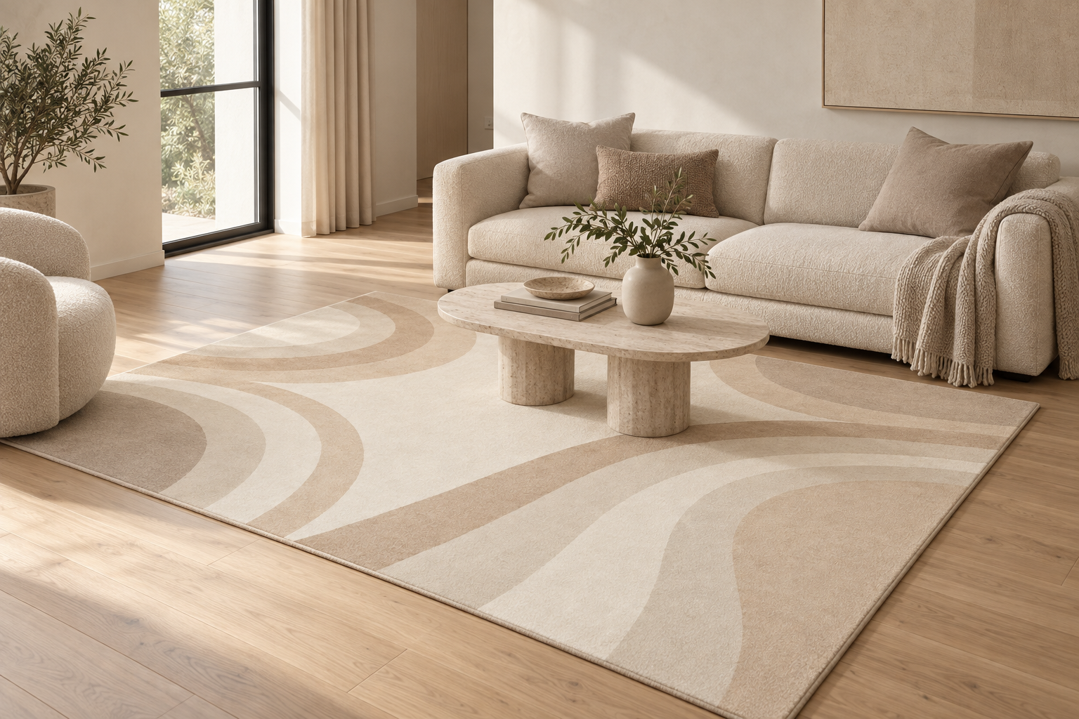The Soft Arc rug shown in a calm contemporary living room